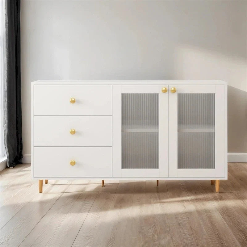 Modern Wood Side Cabinets with Glass Doors and Drawers