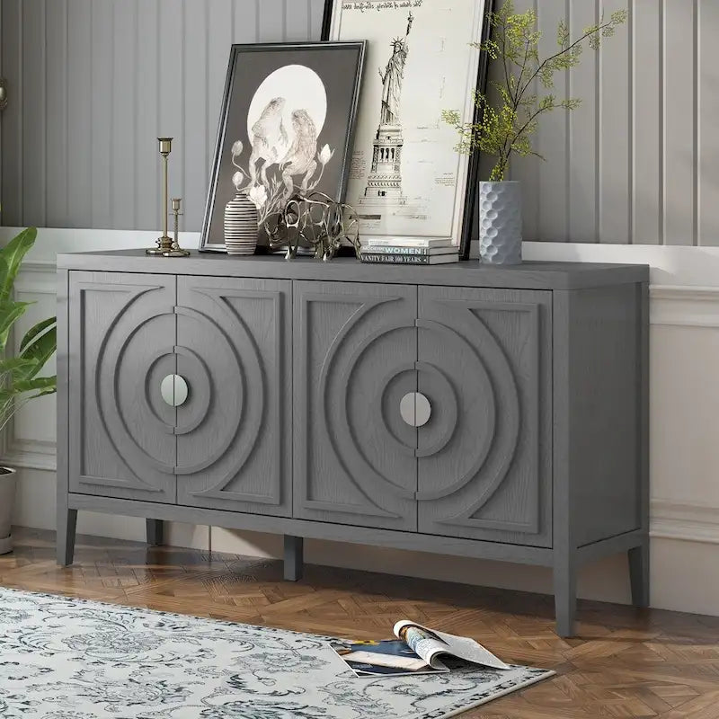 Retro Sideboard with Circular Groove Design and Round Metal Door Handle