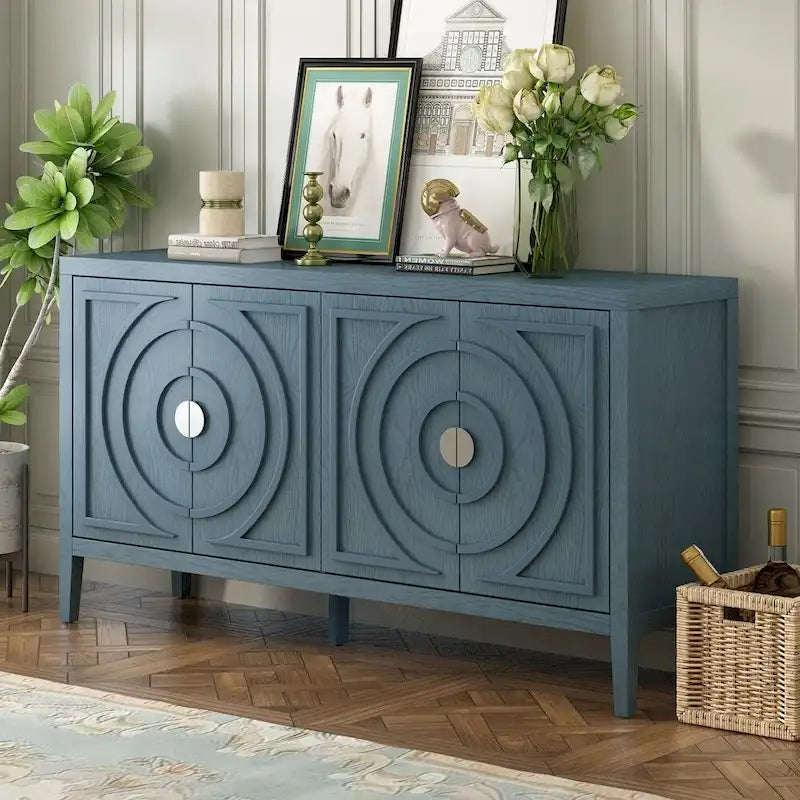 Retro Sideboard with Circular Groove Design and Round Metal Door Handle