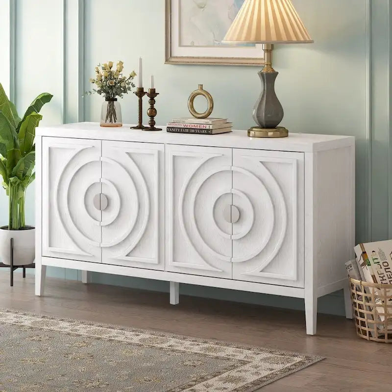Retro Sideboard with Circular Groove Design and Round Metal Door Handle