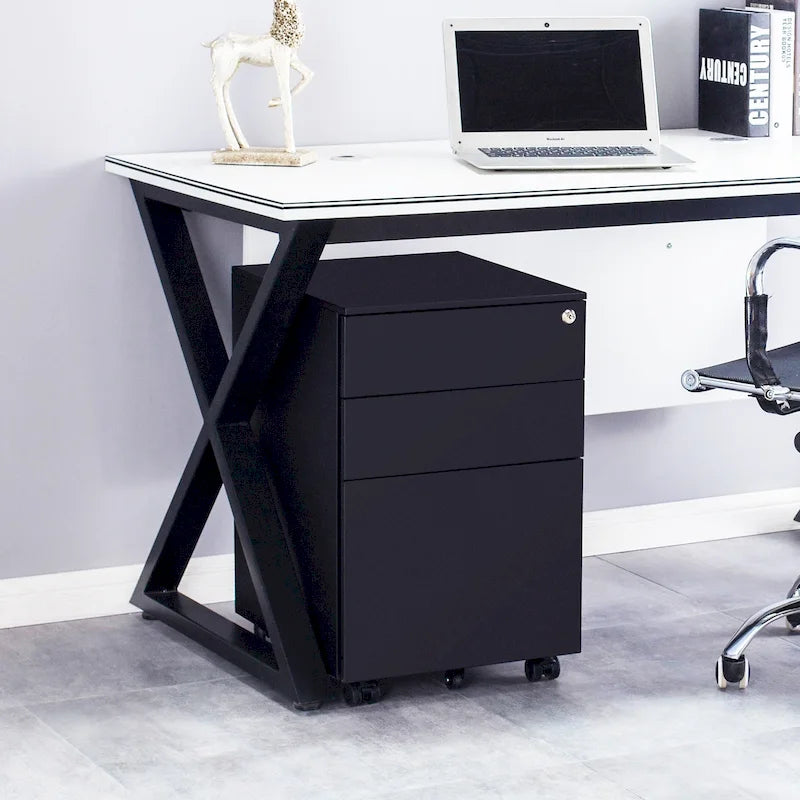 3-Drawer Mobile Steel File Cabinet with Lock - Black