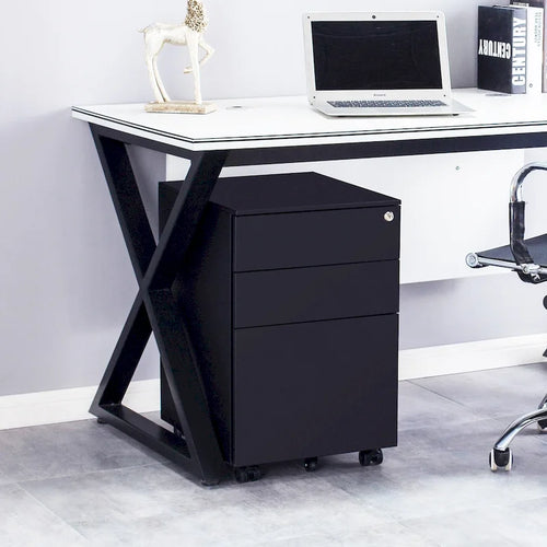 3-Drawer Mobile Steel File Cabinet with Lock - Black