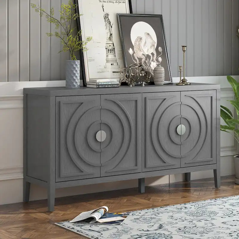 Retro 4-Door Sideboard with Circular Groove Design and Round Metal Handle