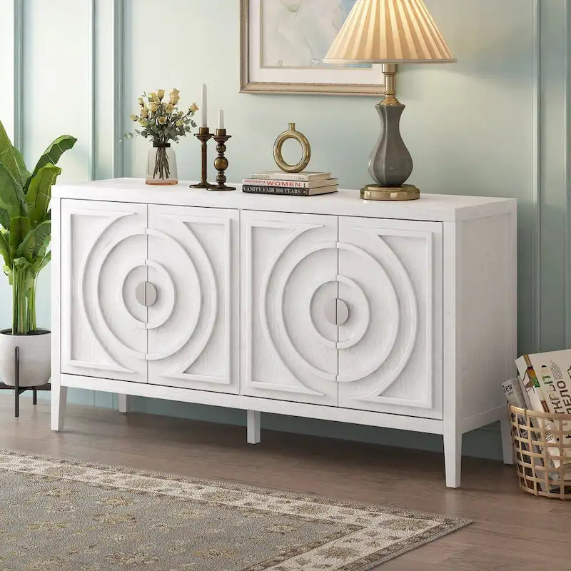 Retro 4-Door Sideboard with Circular Groove Design and Round Metal Handle
