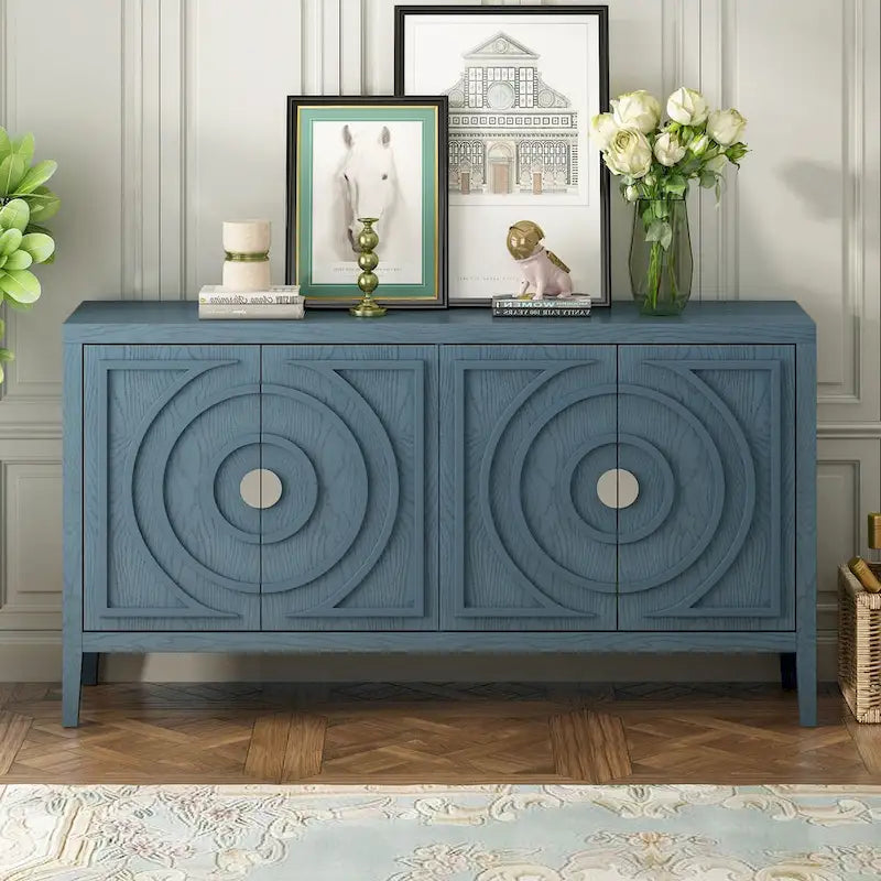 Retro 4-Door Sideboard with Circular Groove Design and Round Metal Handle