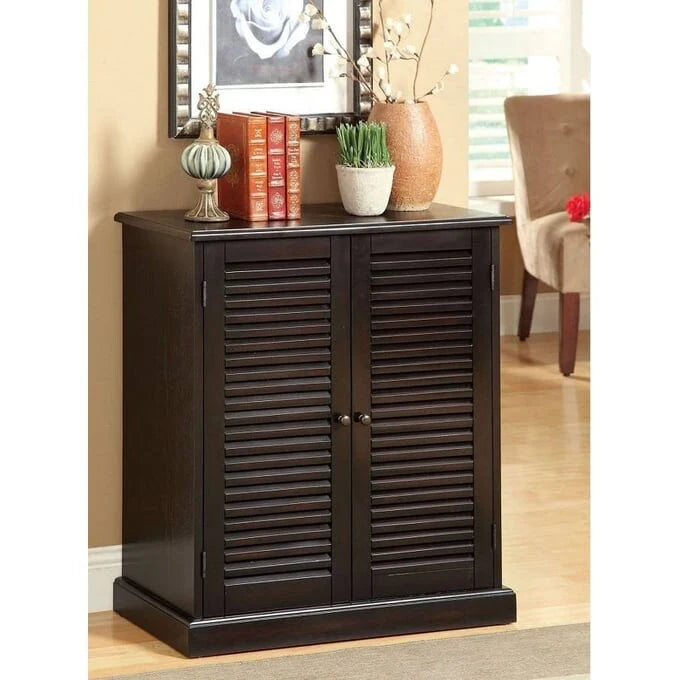 Shoe Cabinet with Louver Doors and Adjustable Shelves in Oak Finish