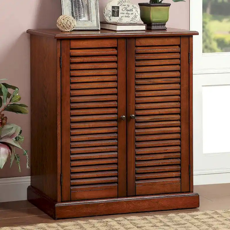 Shoe Cabinet with Louver Doors and Adjustable Shelves in Oak Finish