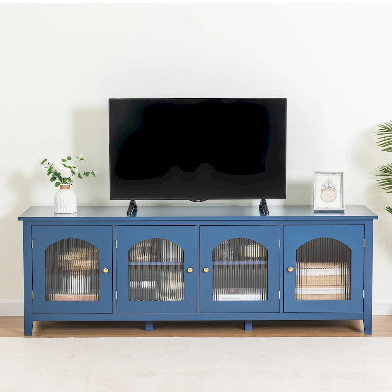 Retro White TV Cabinet Entertainment Center with Rainbow Glass Doors