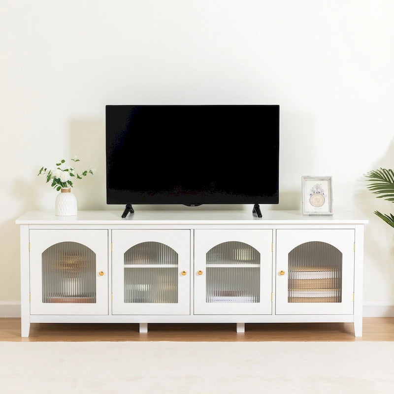 Retro White TV Cabinet Entertainment Center with Rainbow Glass Doors