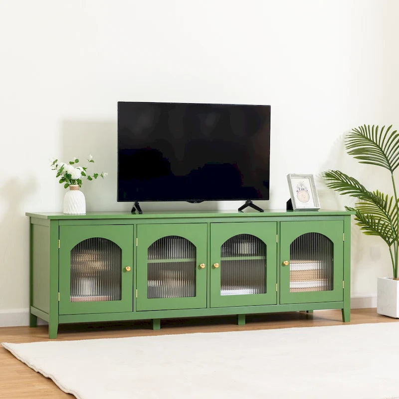 Retro White TV Cabinet Entertainment Center with Rainbow Glass Doors