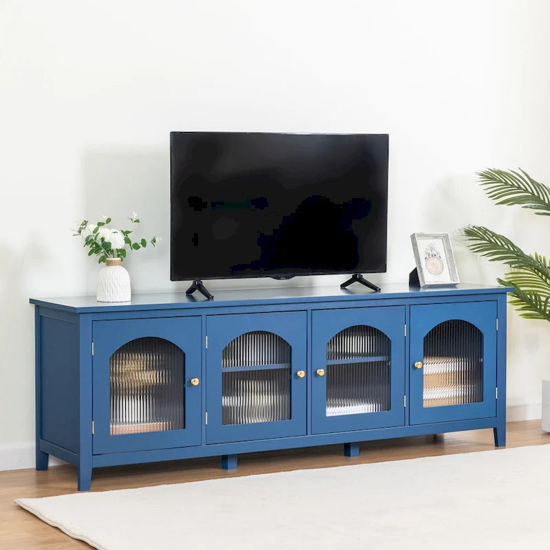 Retro White TV Cabinet Entertainment Center with Rainbow Glass Doors