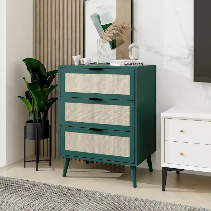 3-Drawer Rattan Storage Cabinet with Wood Legs