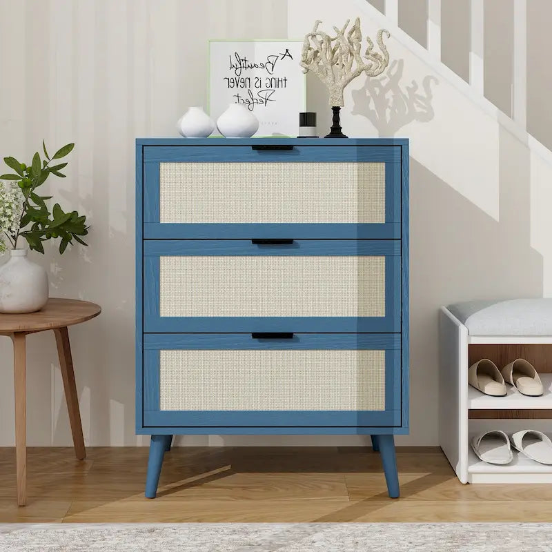 3-Drawer Rattan Storage Cabinet with Wood Legs