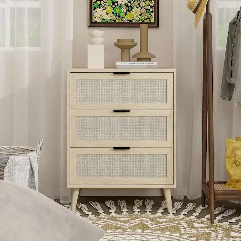 3-Drawer Rattan Storage Cabinet with Wood Legs