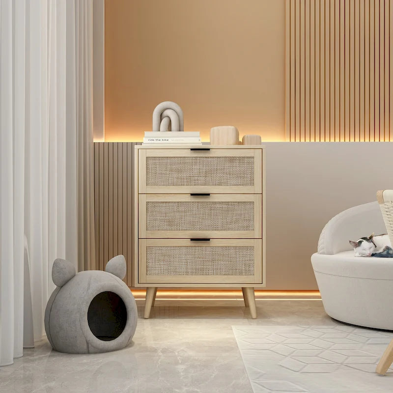 3-Drawer Rattan Storage Cabinet with Wood Legs