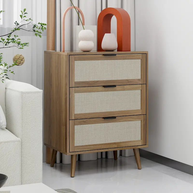 3-Drawer Rattan Storage Cabinet with Wood Legs