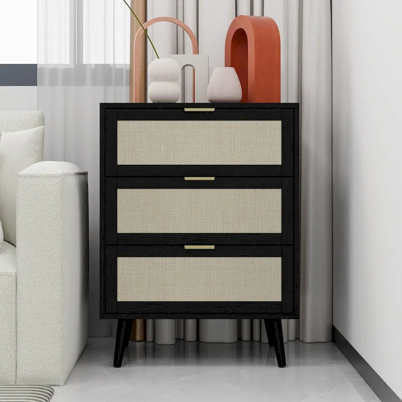 3-Drawer Rattan Storage Cabinet with Wood Legs