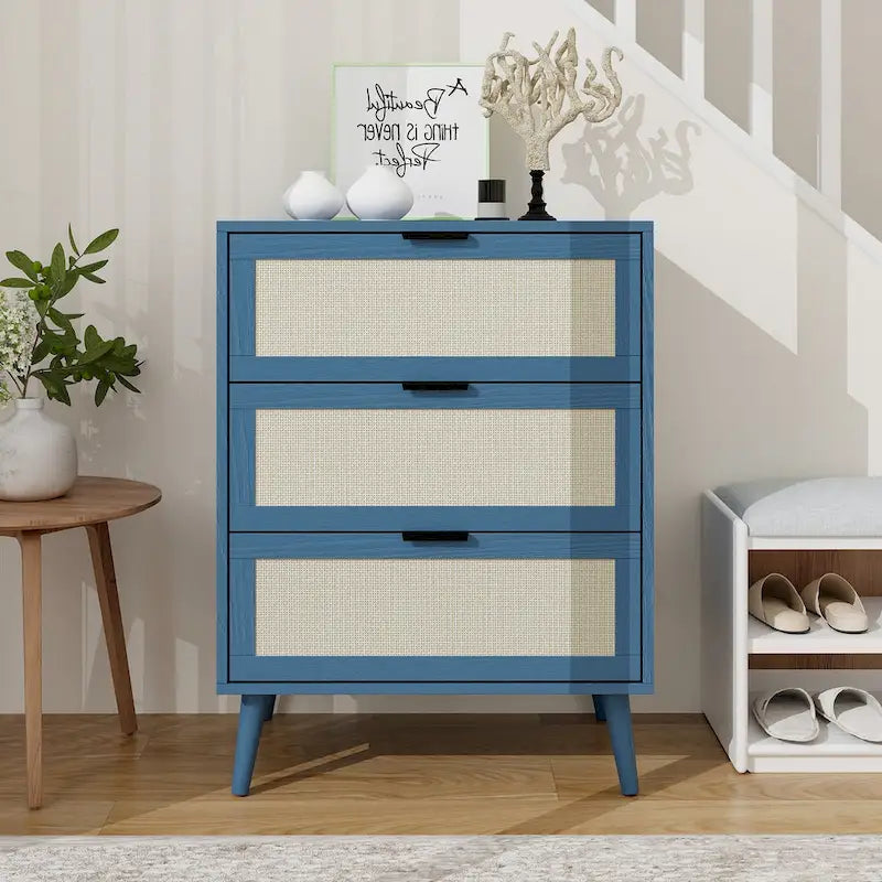 3-Drawer Rattan Storage Cabinet with Wood Legs
