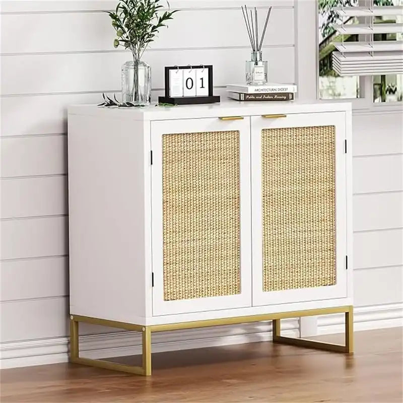 2-Door Rattan Sideboard Buffet Cabinet with Metal Base