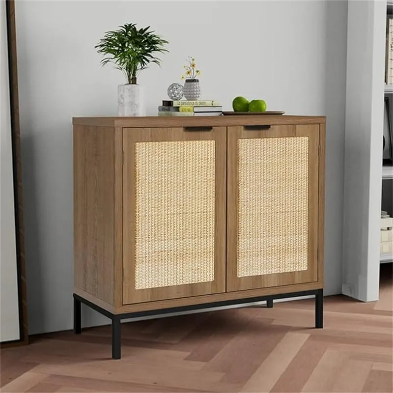 2-Door Rattan Sideboard Buffet Cabinet with Metal Base