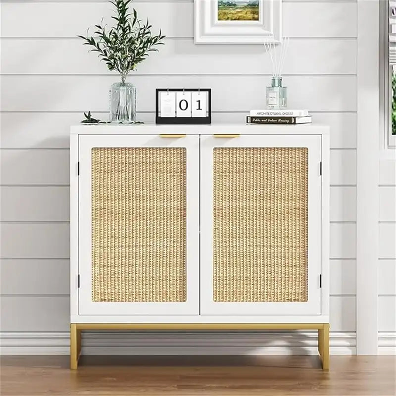 2-Door Rattan Sideboard Buffet Cabinet with Metal Base
