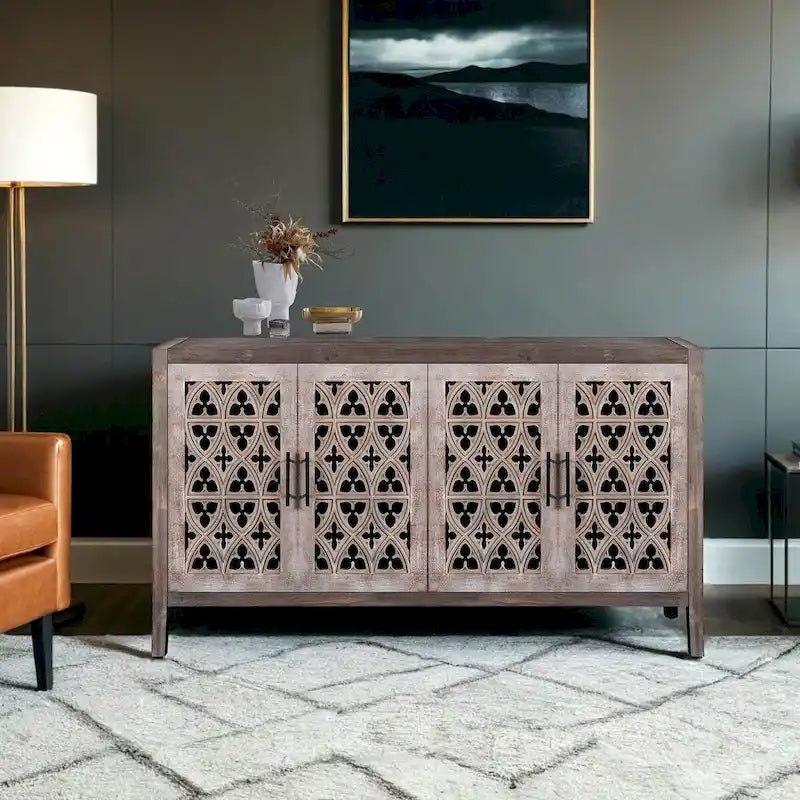 Hollow Four Door Antique Cabinet for Living Room and Kitchen
