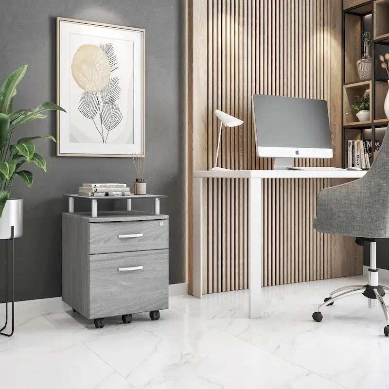 Rolling File Cabinet with Glass Top and Locking Drawers - Grey