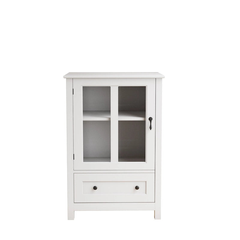 Buffet storage cabinet with single glass doors and unique bell handle