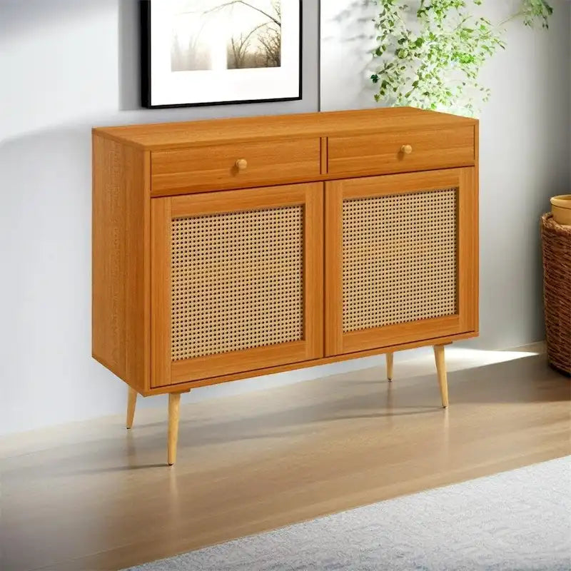 Rattan Doors Kitchen Cabinet with 2 Drawers and Adjustable Shelf