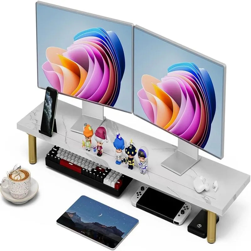 Dual Monitor Stand Riser with Adjustable Steel Legs and Phone Holder