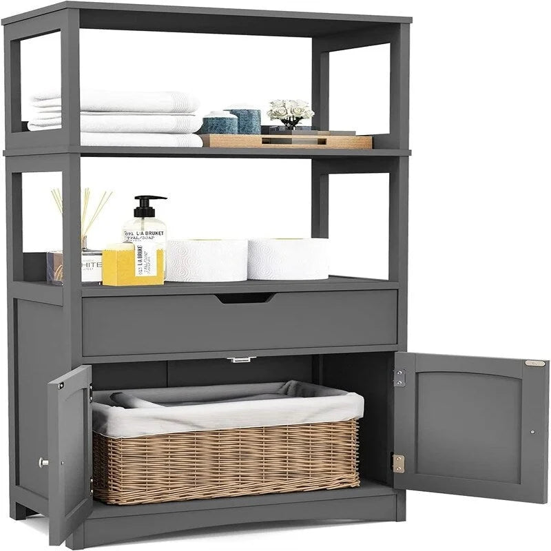 Black Freestanding Bathroom Floor Cabinet with Open Shelves and Drawer