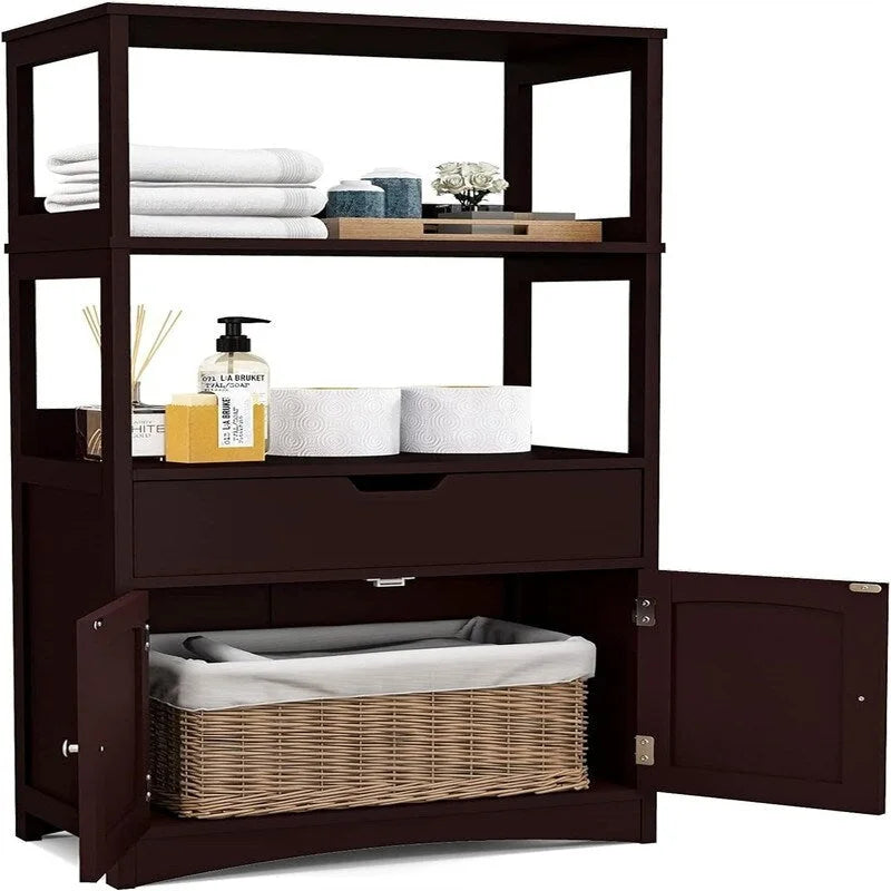 Black Freestanding Bathroom Floor Cabinet with Open Shelves and Drawer