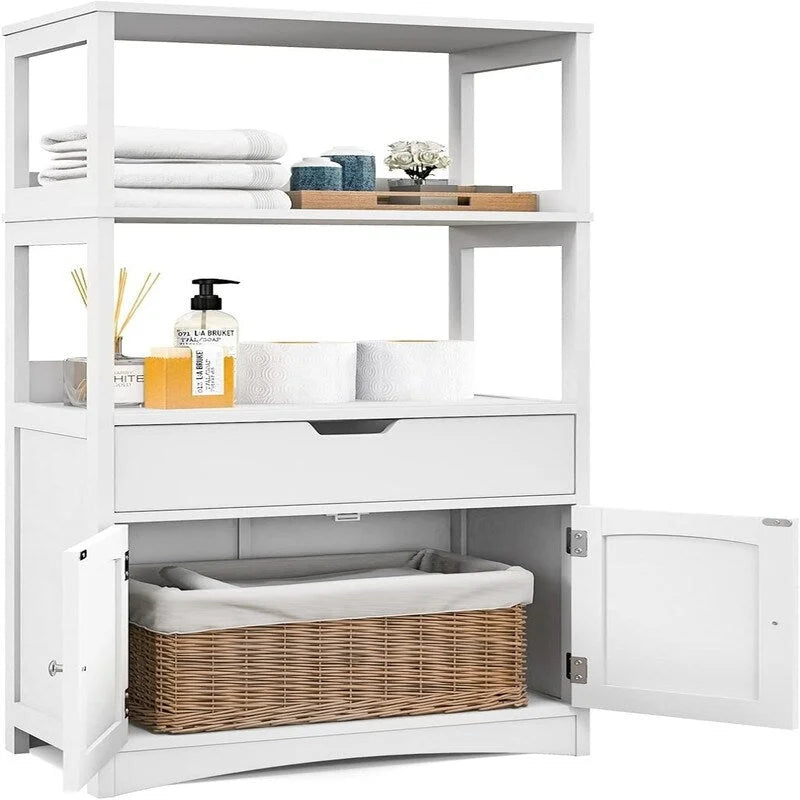 Black Freestanding Bathroom Floor Cabinet with Open Shelves and Drawer