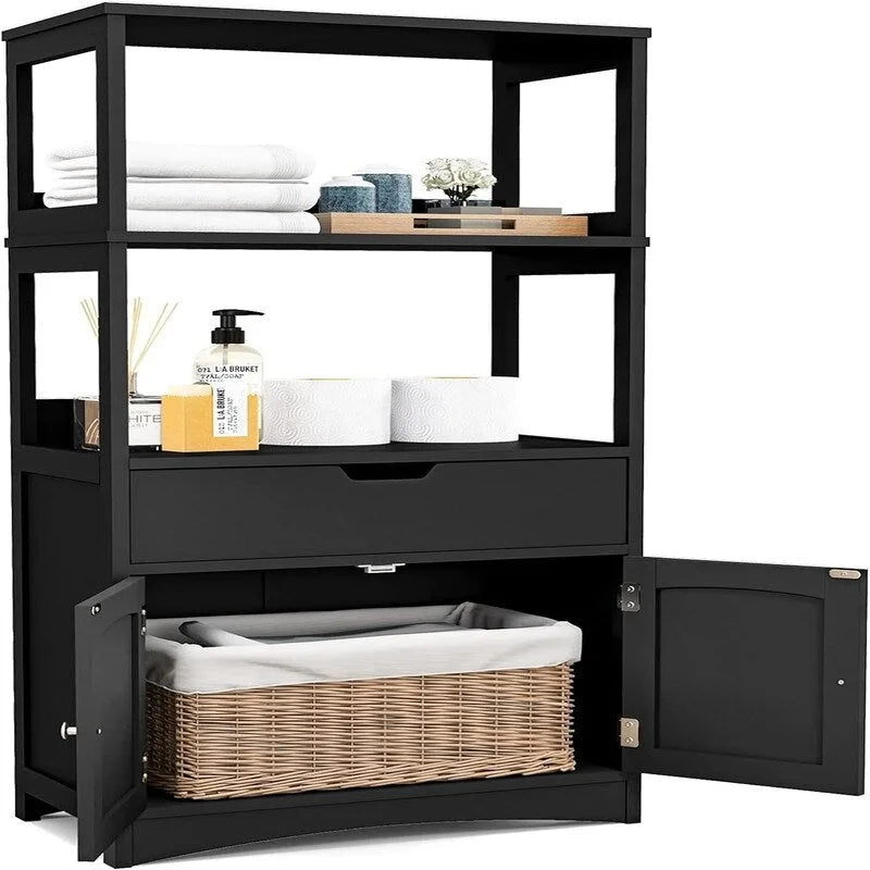 Black Freestanding Bathroom Floor Cabinet with Open Shelves and Drawer
