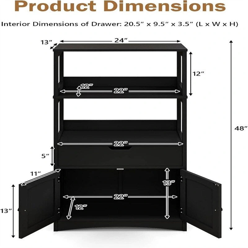 Black Freestanding Bathroom Floor Cabinet with Open Shelves and Drawer