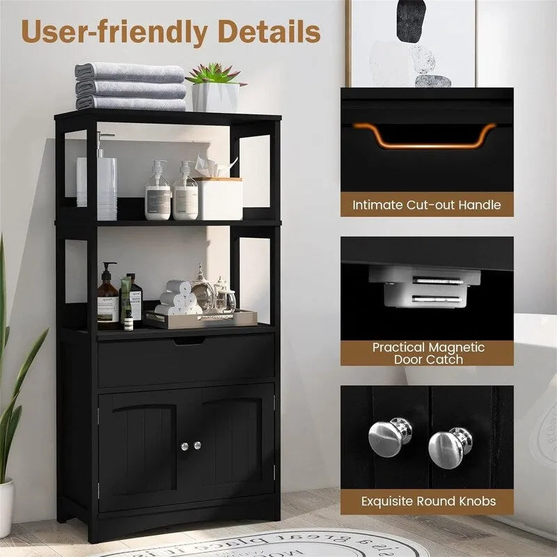Black Freestanding Bathroom Floor Cabinet with Open Shelves and Drawer