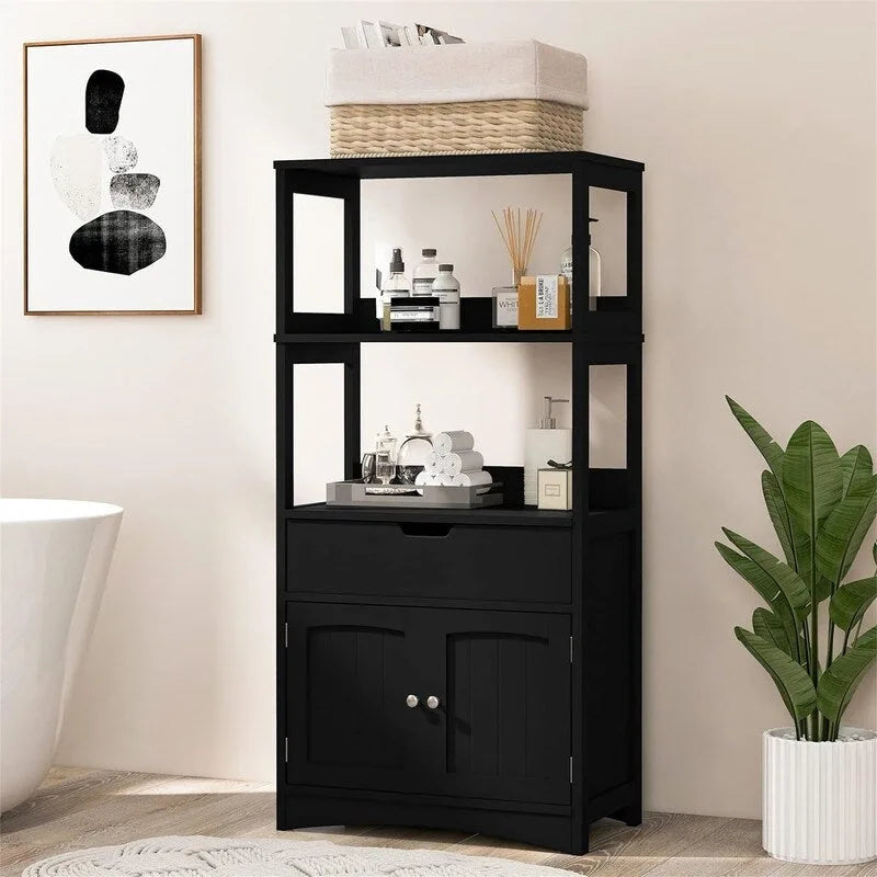 Black Freestanding Bathroom Floor Cabinet with Open Shelves and Drawer