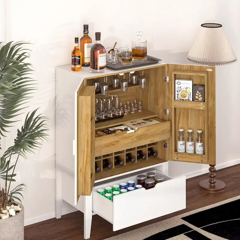 Industrial Bar Cabinet with Wine Rack and Stemware Holder
