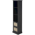 Black Wood Cabinet with 3 Shelves, 2 Drawers and Rattan Front
