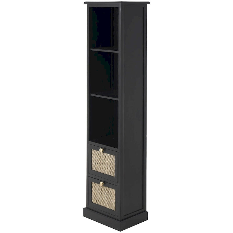 Wood 3 Shelves and 2 Drawers Room Cabinet with Rattan Front - Black - Roche River Decor