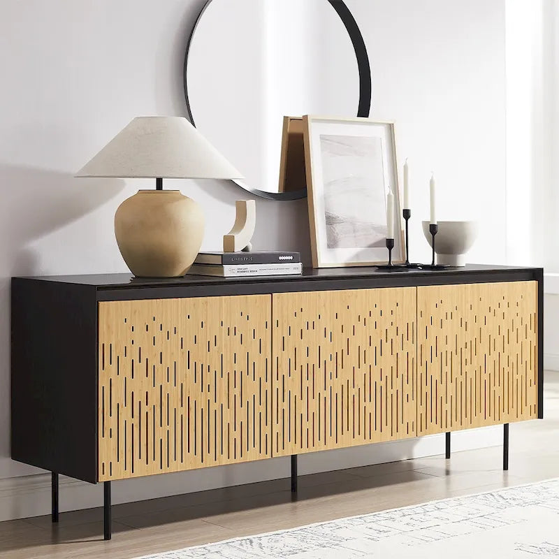 Charcoal Bamboo Console Sideboard with Laser Cut Doors and Soft-Close Hinges