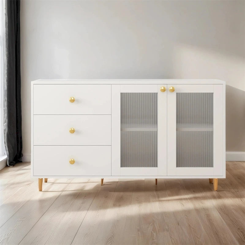 Modern Wood Side Cabinets with Glass Doors and Drawers